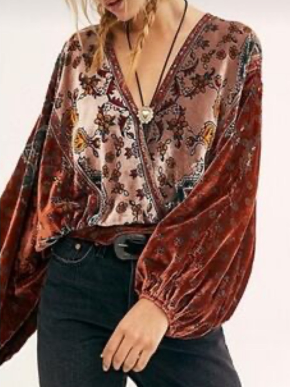 Free People Rust Velvet Paisley Wrap Top
